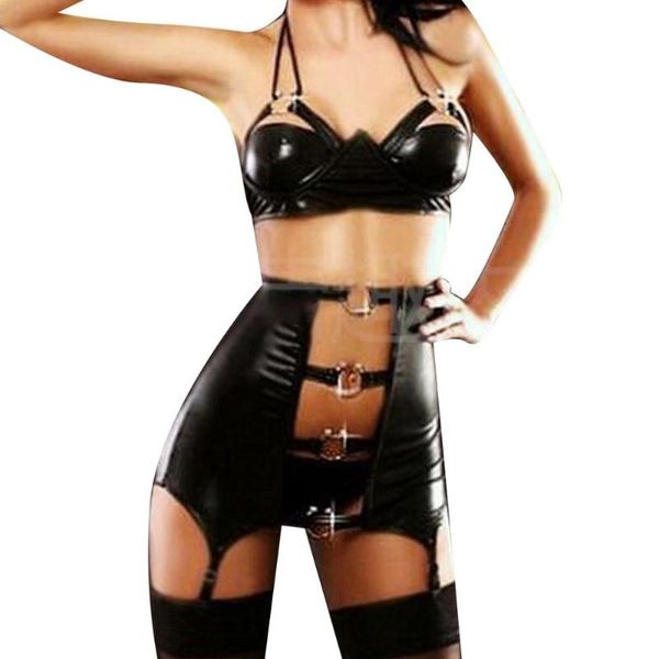 

2pcs women fashion wet look patent leather lingerie set halter neck deep v underwired bra with high waist garter panties