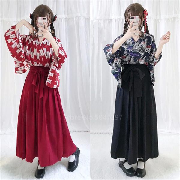 

ethnic clothing japanese traditional style women kimono koi haori floral printed dress harajuku yukata girls pleated skirt set streetwear ou, Red