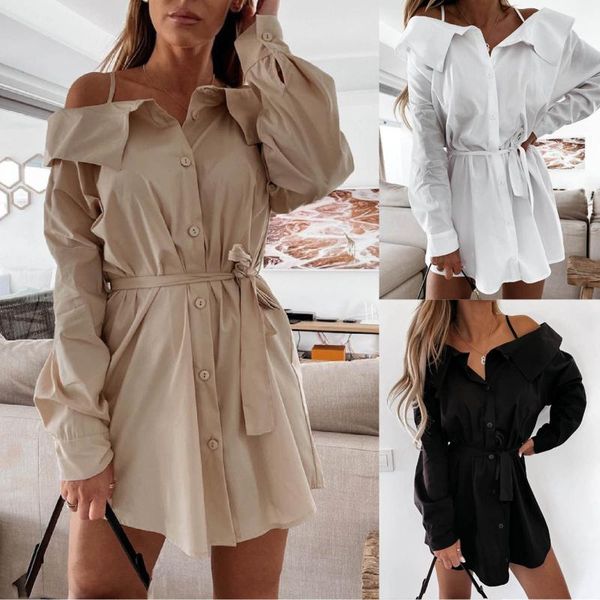 

casual dresses shirt dress women's halter off-the-shoulder solid color loose fashion summer hollow out backless long sleeve elegant, Black;gray