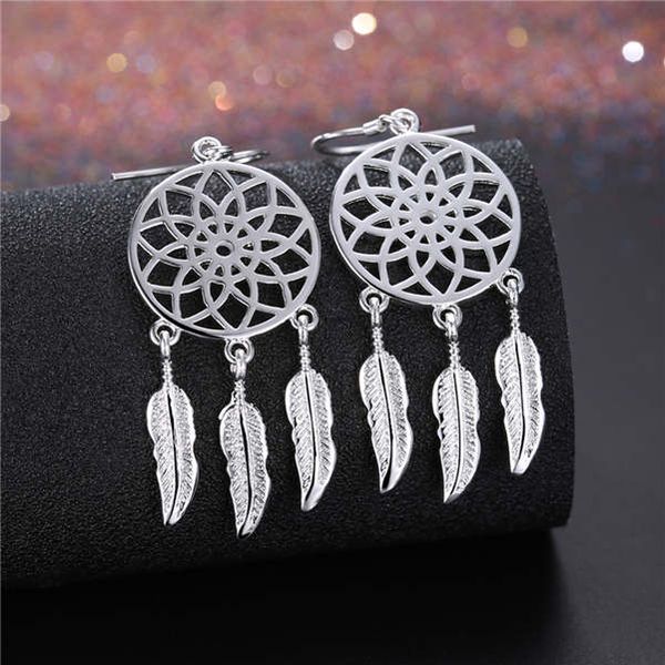 

hollow round hanging feather sterling silver plated earrings size 5.6cm*2.0cm dmse933,new 925 silver plate earring jewelry charm, Golden