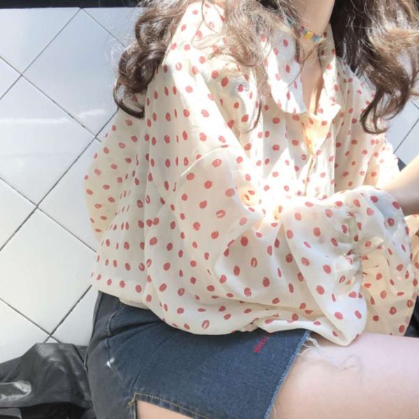 

spring and autumn french girl's fairy chiffon polka dot shirt, White