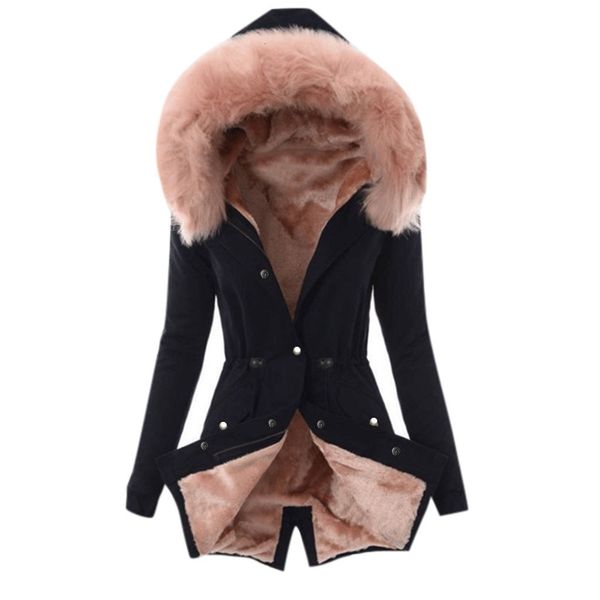

ladies overcoat fur lining coat womens winter warm thick long jacket hooded overcoat slim casual long warm coat new 201020, Black;brown