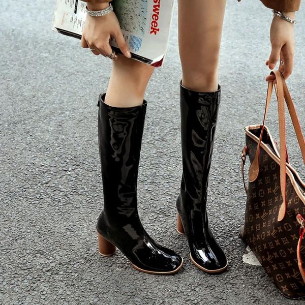 

boots oversized -17 women woman winter shoes botas rear zipper round heel with bright leather, Black