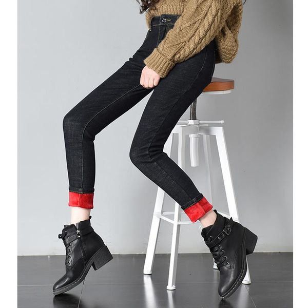 

women's jeans jujuland winter women pink fleeces inside thickening denim pants high waist warm trousers female snow, Blue