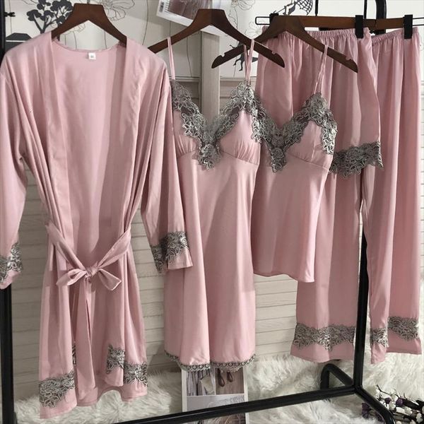 

5pc satin robe sleep suit womens sleepwears silk lace pajamas gown set v neck cami nighties wear pijama spring, Black;red