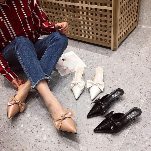 

butterfly-knot shoes woman 2021 female mule cover toe pantofle thin heels low slippers casual mules new luxury pointed rome rubb, Black