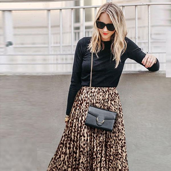 

fashion women skirt high waist chiffon loose leopard printed evening party layered pleated skirt gh, Black