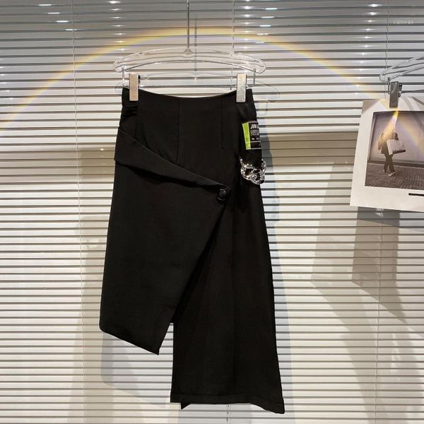 

summer women black skirt belt chain oblique buckle design irregular hem mid length skirts