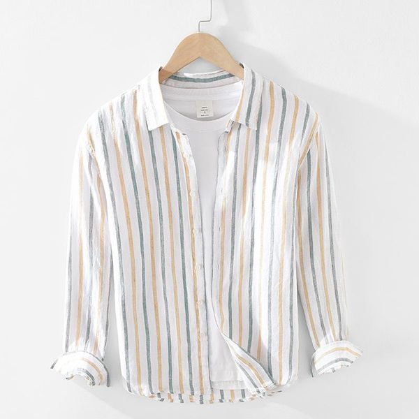 

men's casual shirts mens fashion clothing trends 2021 literary striped linen shirt young loose bottoming lapel long-sleeved, White;black