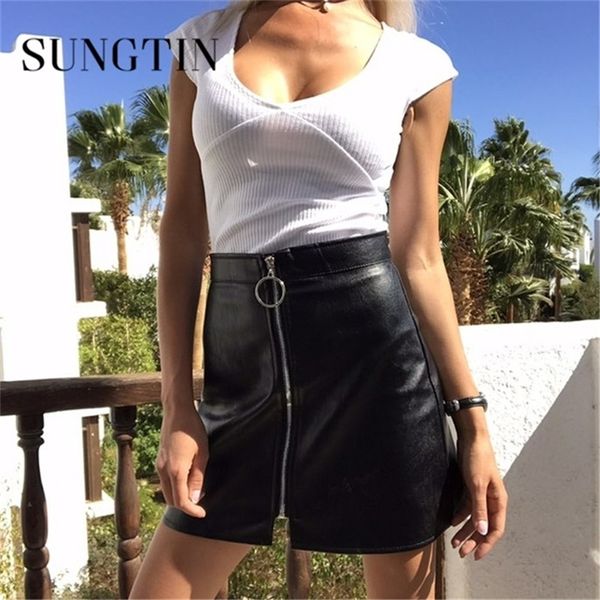 Sungtin Hohe Taille Kunstleder Rock Frauen Sexy Mini Kurze Bodycon Bleistift Röcke Frühling Front Zipper PU A-Linie Rock 210310