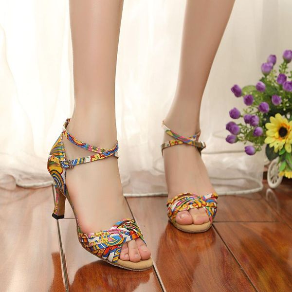 

summer women's sandals fashion high-heeled dance shoes printed satin latin dance shoes feminina zapatos de mujer lady new*, Black