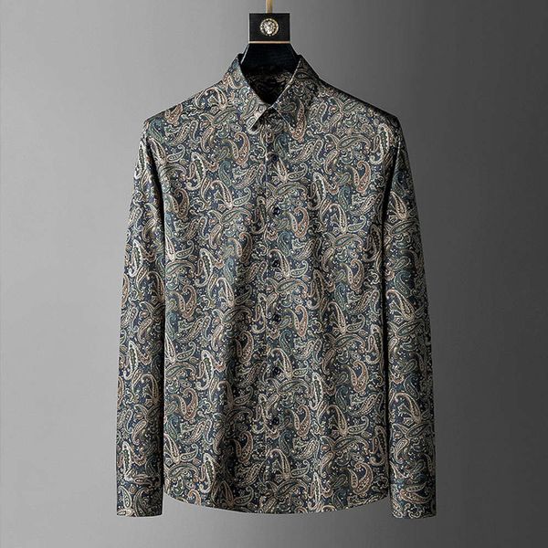 

spring new long sleeve slim fashion cashew flower trend men's shirt, Tan;black