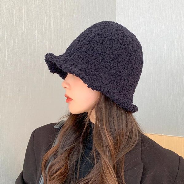 

wide brim hats lamb wool fisherman hat women warm female cap faux fur winter bucket for outdoor sunscreen sun panama lady bonnet, Blue;gray