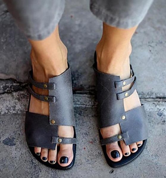 

pu leather summer women leisure sandals plus size43 rome leisure beach shoes woman slip-on flat heels sandals, Black