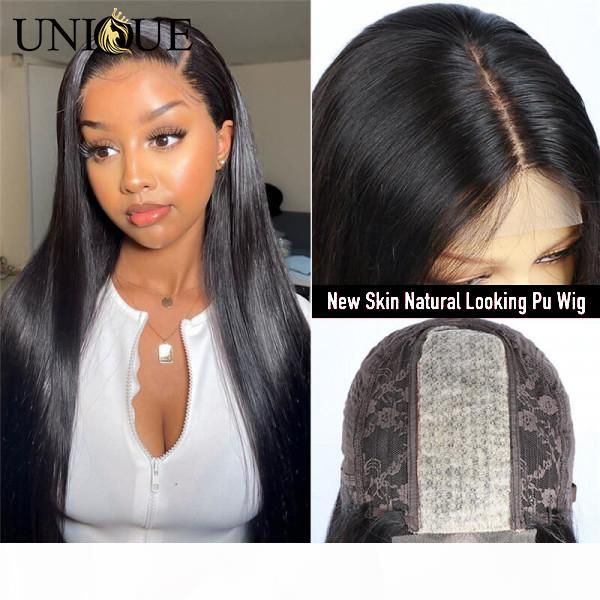 

fake scalp straight human hair lace wigs pu wigs 2*5 silk with invisible knots straight lace for black woman, Black;brown