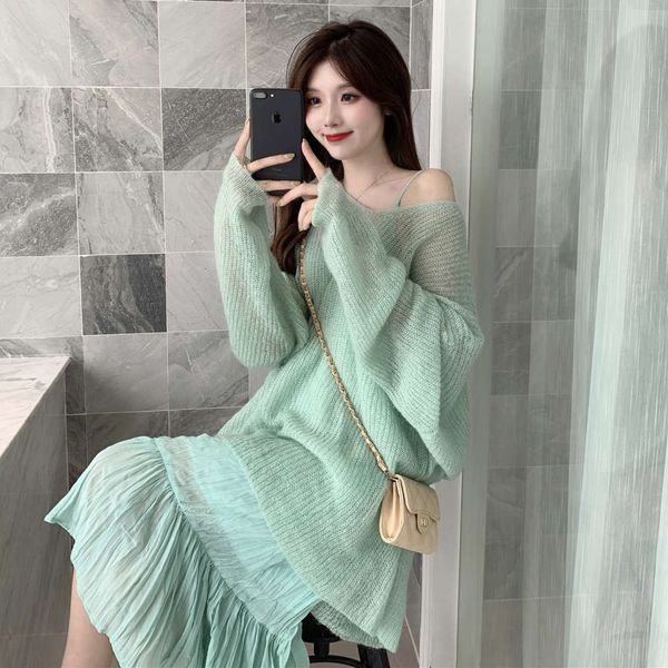 

m6003# gentle temperament pleated sling chiffon dress loose sweater suit, Gray