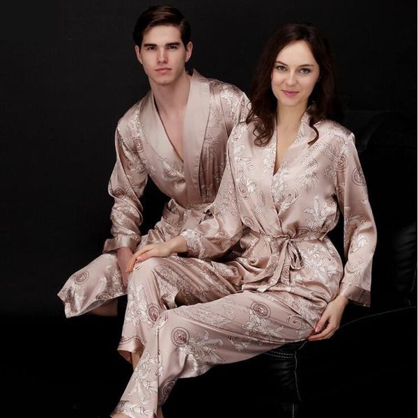 

brand new couple high imitation silk ladies summer three suit long sleeve pajamas men's nightgown bathrobes home clothing, Black;brown