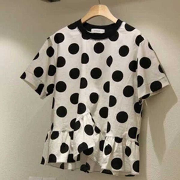 

summer fashion casual loose cotton comfortable t-shirt simple round neck short sleeve ruffled polka-dot women's 210615, White