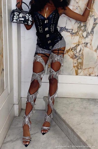 

sandals fashion crystal high heel women shoes 2021 diamond tassel thigh ladies gladiator cross-tied party summer boots, Black