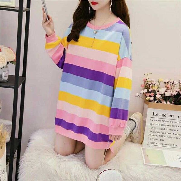 

rainbow striped hoodies women casual o neck long sleeve oversize autumn female sweatshirts loose pullover 210526, Black
