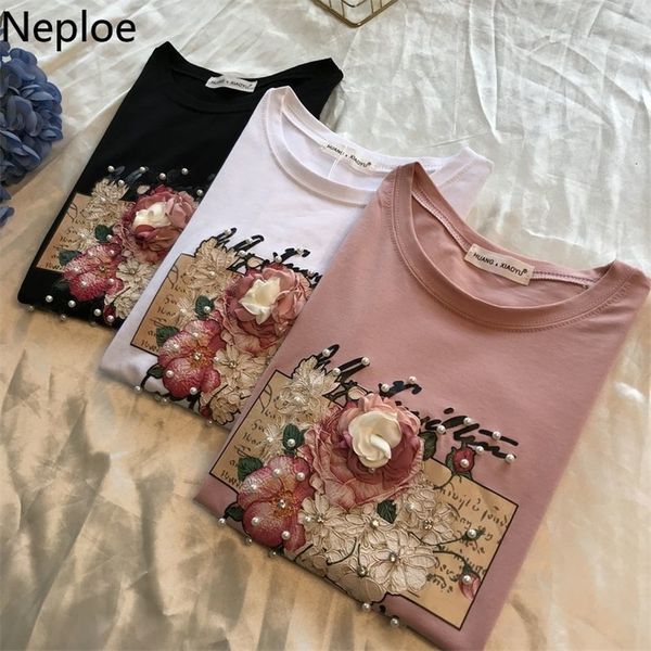 

neploe o neck flower embroidery pullover t shirt women loose causal short sleeve tees femme summer new cotton 1b271 210315, White