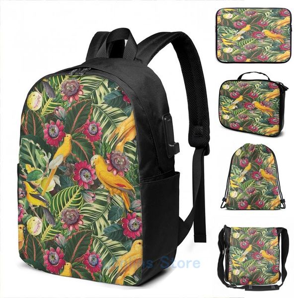 

backpack funny graphic print vintage tropical yellow bird jungle garden usb charge men school bags women bag travel laptop