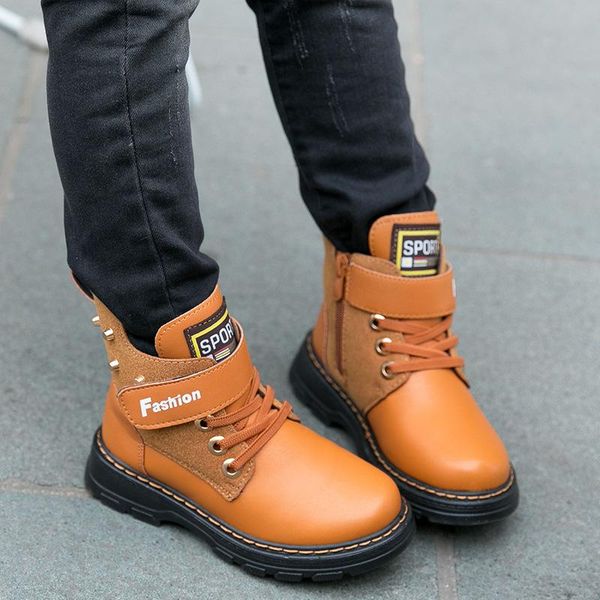 

boots genuine leather kids children shoes winter warm plush england style mid for boy child student, Black;grey