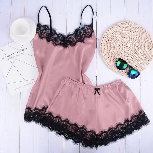 

separate 2pcs lace sleepwear women beach dress lingerie night short sleeveless ladies satin nightgown through sleepwear, Black;red