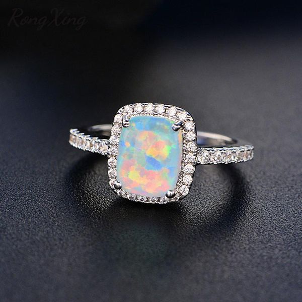 

wedding rings white blue green opal square stone ring geometric crystal rainbow zircon charm silver color for women jewelry, Slivery;golden