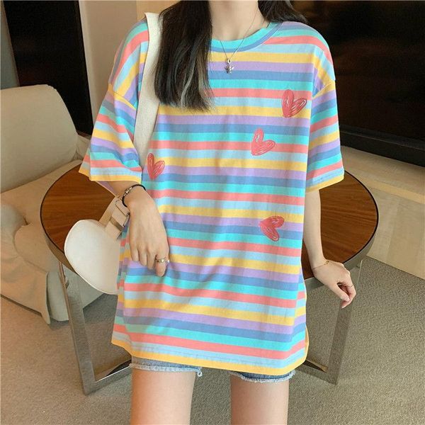 

women's t-shirt mingliusili korean style women t shirt sprint summer 2021 fashion rainbow graphic shirts short sleeve loose casual tee, White