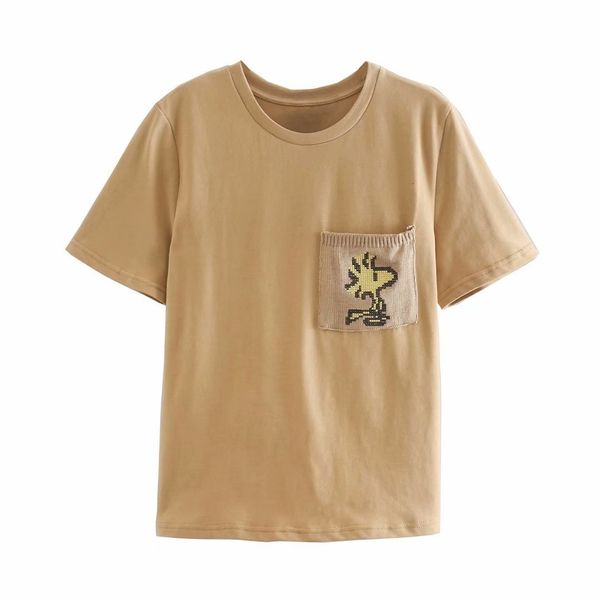 

t shirt 2021 autumn style women's embroidery small pocket decoration round neck loose cotton 0021980771, White