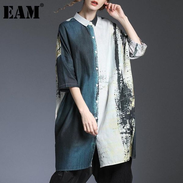 

eam] women pattern printed linen big size blouse new lapel long sleeve loose fit shirt fashion tide spring autumn 2021 1t41509, White