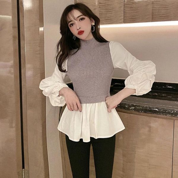 

women's blouses & shirts knitting puff sleeve pleated korean fashion women shirt summer spring stand collar split joint, White