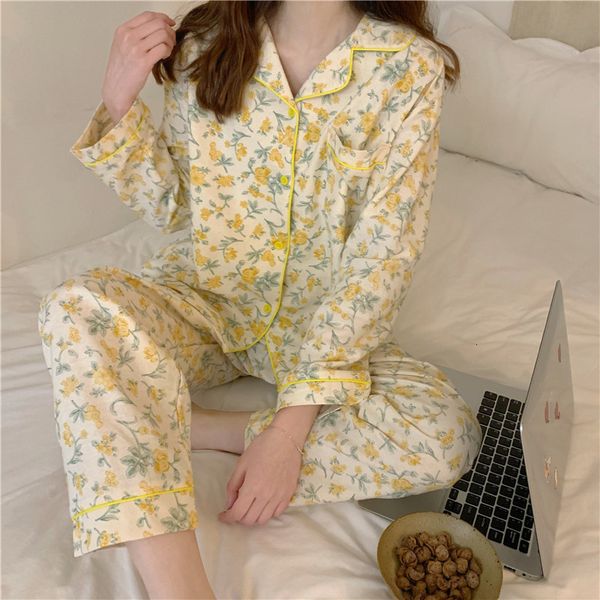 

women's sleepwear ladies spring women chic pink yellow floral print long sleeve pajamas set woman sweet soft sleepwear breasted py, Black;red