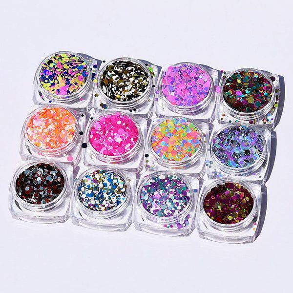 

nail glitter round shape confetti sequins 1mm 2mm 3mm blandade holo paillette 12jar / set art decoration, Silver;gold