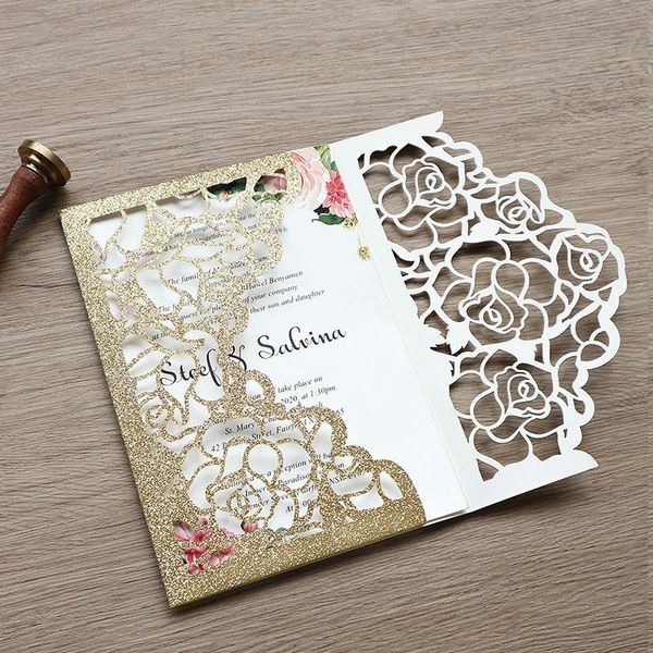

greeting cards (100 pieces/lot) laser cut rose gold glitter pocket wedding invitation card personalize business xv birthday invite ic150