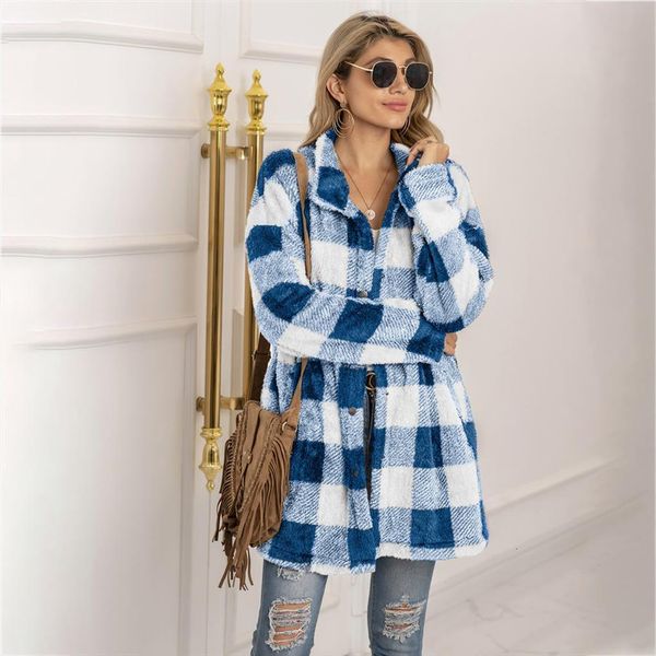 

sherpa vintage plaid fluffy cardigan women sweaters midi long warm coat teddy fleece chic streetwear, White;black