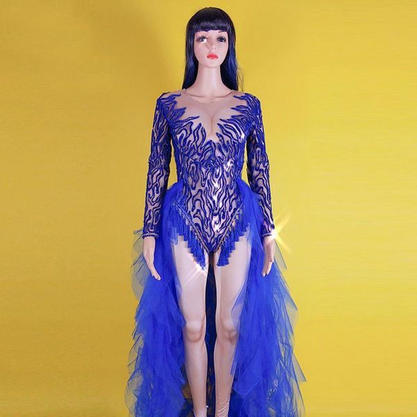

party decoration d92 ballroom dance female blue trailing dress stage bodysuit wears singer perform jumpsuit dj outfits disco costumes cloth