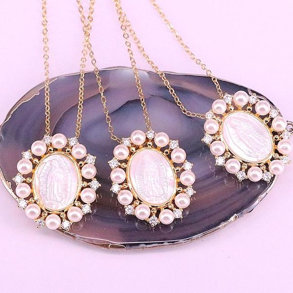 

pendant necklaces 5pcs pearl with cz micro paved virgin of mary shell fashion gold filled, Silver