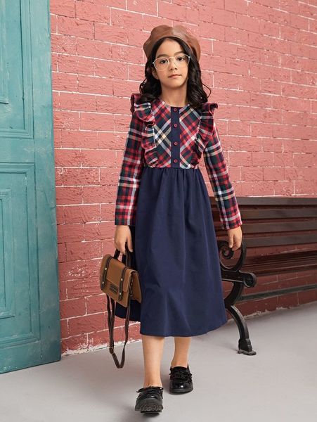 

girls tartan ruffle trim splicing dress she, Red;yellow