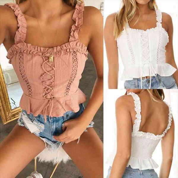 

fashion women design bow ruffle sleeveless bandage crop cami vest tank camisole casual solid skinny summer holiday wear, White