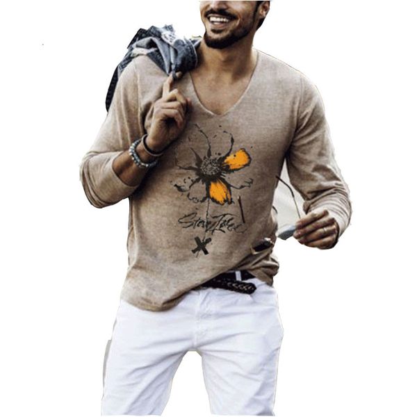 

2021 autumn sell vintage style mens tshirts fashion daisy printed t shirt man loose long sleeve v collar tees shirts 38hs, White;black