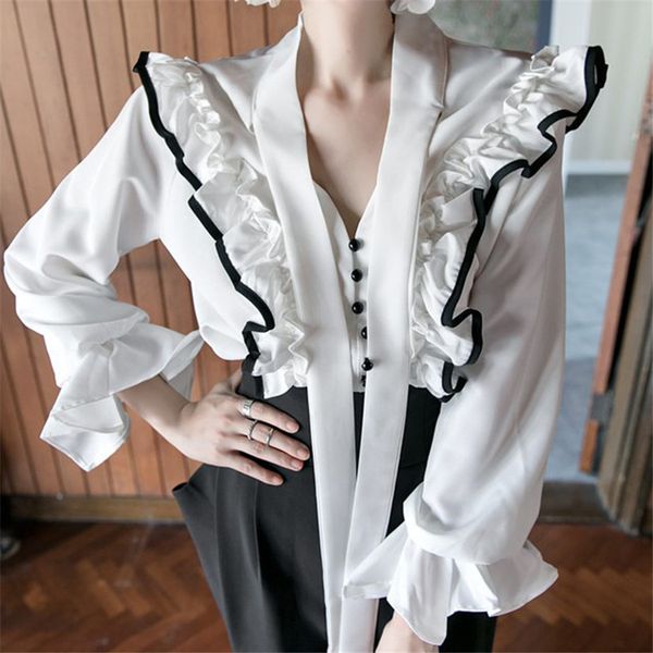 

women long sleeve square collor chiffon blouse shirt #0037 210225, White