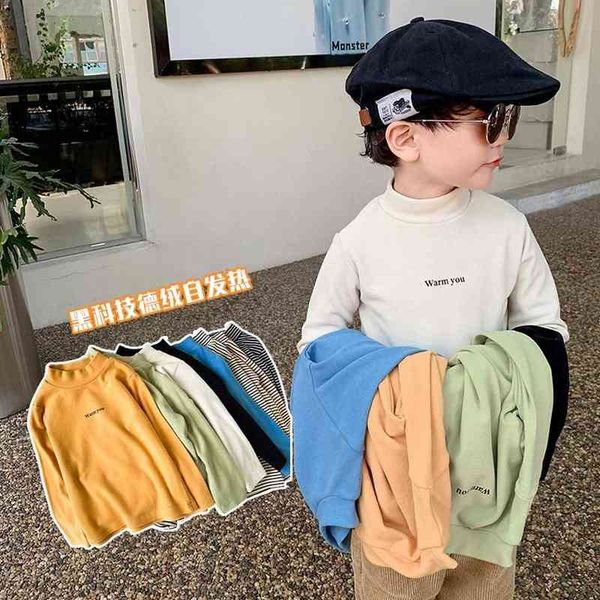 

winter kids letters half high collar de velvet base t shirts boys and girls fashion all-match thick warm clothes g1209, Blue