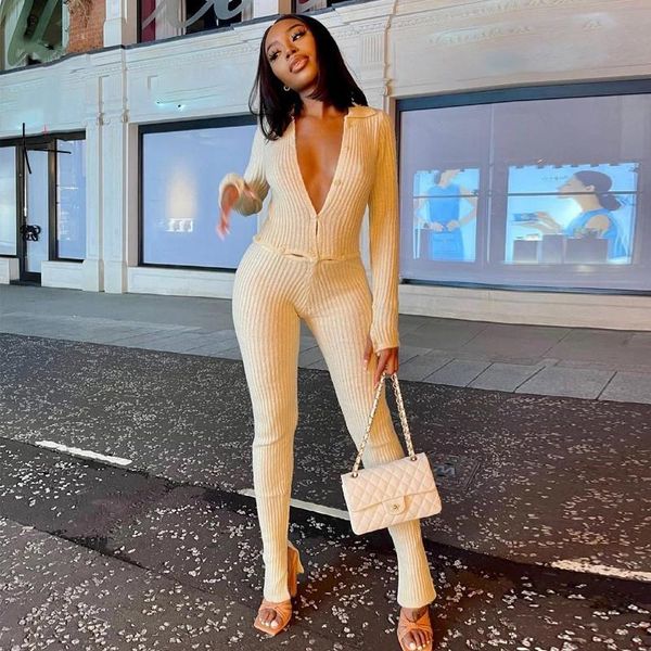 

women's two piece pants fall skinny set women knit v-neck long sleeve and female jumpsuits 2 outfits femme matching sets, White