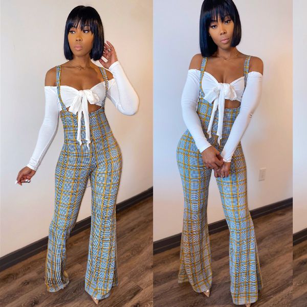 

off shoulder long sleeve crop and plaid overall pants two piece set women clothes 2021 jump suits d35-de39, White