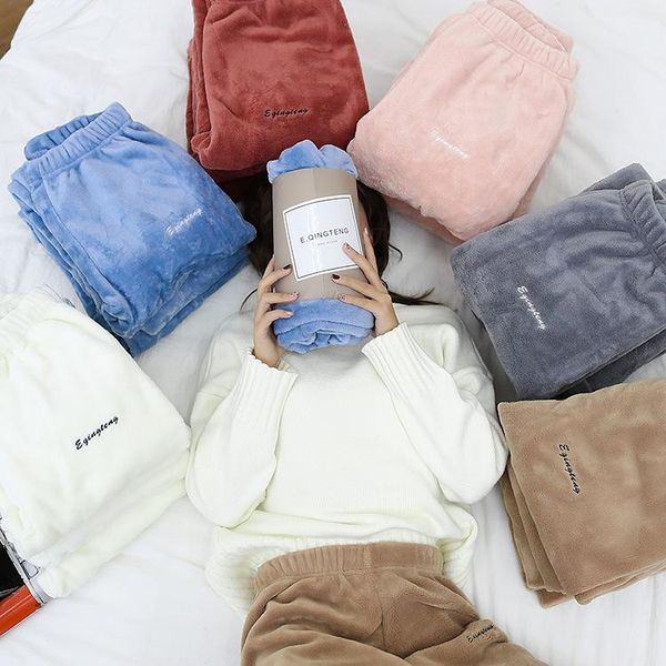 

women's sleepwear winter pajama pants womens fleece pajamas home clothing thick warm coral velvet female nightgown, Black;red