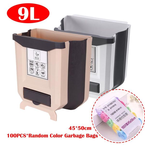 

waste bins 9l foldable trash bin dustbin basket wall-mounted retractable garbage can rubbish with 100pcs bags