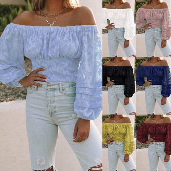 

women's blouses & shirts rocwickline summer and autumn shirt casual solid slash neck puff sleeve lace loose formal easy matching sweet, White