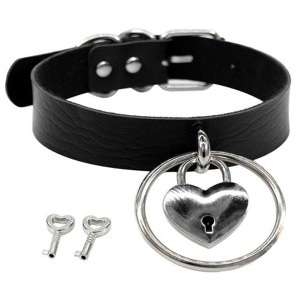 

chokers punk gothic heart lock key chain necklace buckle choker collar goth pendant women black pu leather jewelry gift, Golden;silver